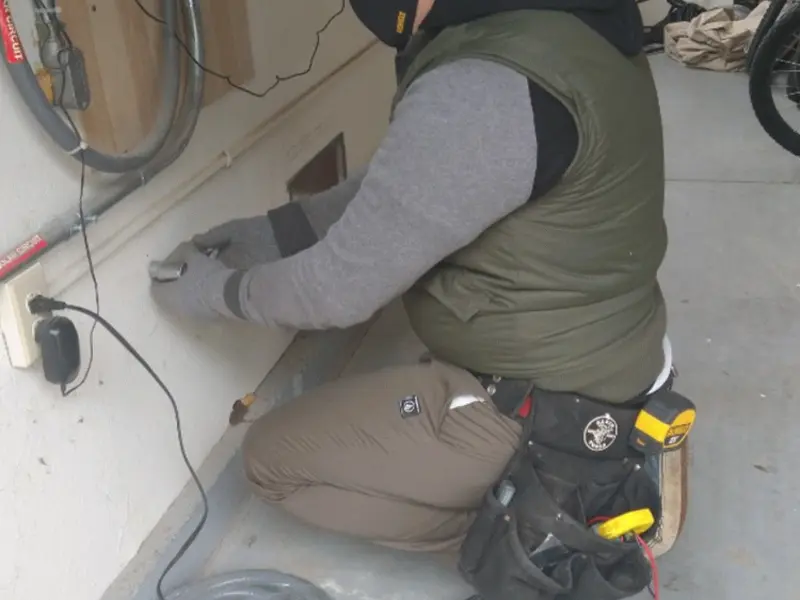 Electrician performing outlet wiring in a Silverton garage